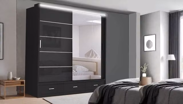 RAC3 High Gloss LED Mirror Sliding Wardrobe with Integrated Drawers in Black W/H: 205 x 216 cm