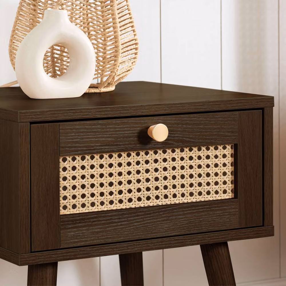 Birlea Croxley 1 Drawer Rattan Bedside Table in Walnut and Brown – 2