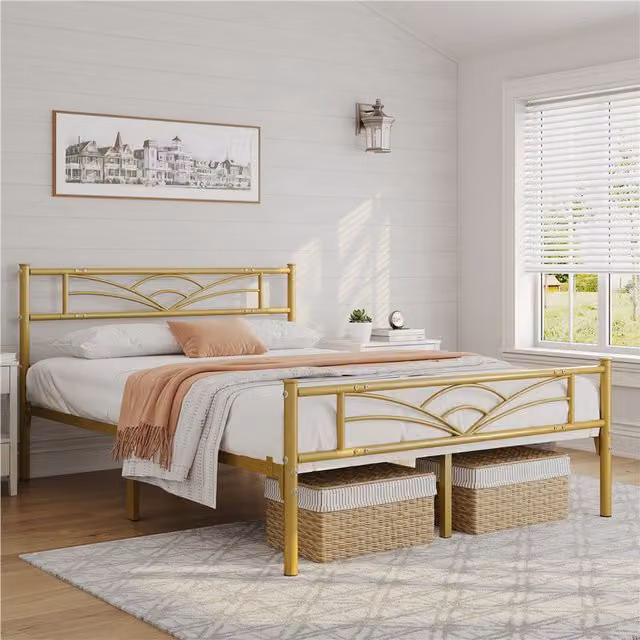 Yaheetech Art Deco Metal Bed Frame with Cloud Design in Gold, W/D/H: 140 x 200 cm