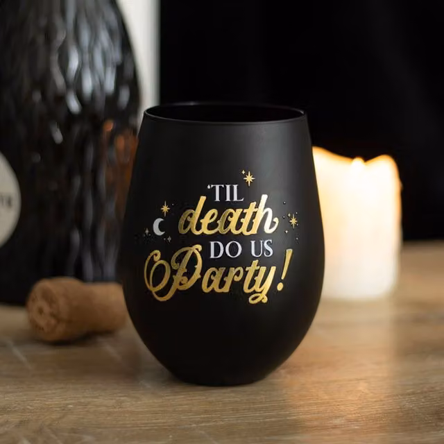 KDMK Til Death Do Us Party Stemless Wine Glass, Black and Gold