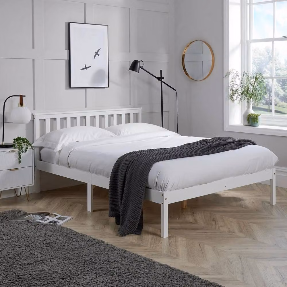 FORGEVIO White Solid Pine Wood Bed with Low End Slatted Base and Headboard – 2