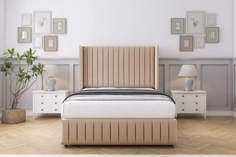 Sloomy Marlborough Plush Divan Set with Wingback Headboard and Footboard in Stone, Single, W/D/H: 90 x 190 cm