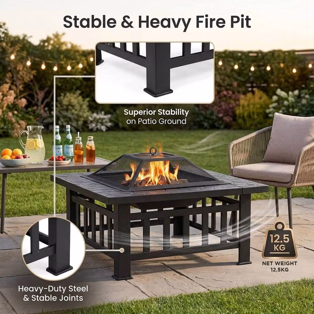 Alivio 3 in 1 Large Metal Fire Pit with BBQ Grill and Shelf, Black Outdoor Fire Table and Ice Pit – 5