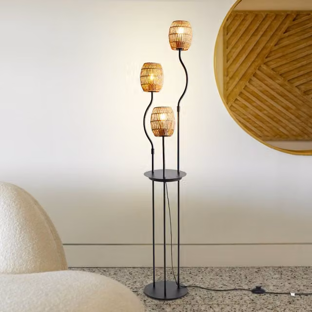Livingandhome 3-Light E27 Floor Lamp with Braid Lampshade and Tray, Black, Height: 160 cm