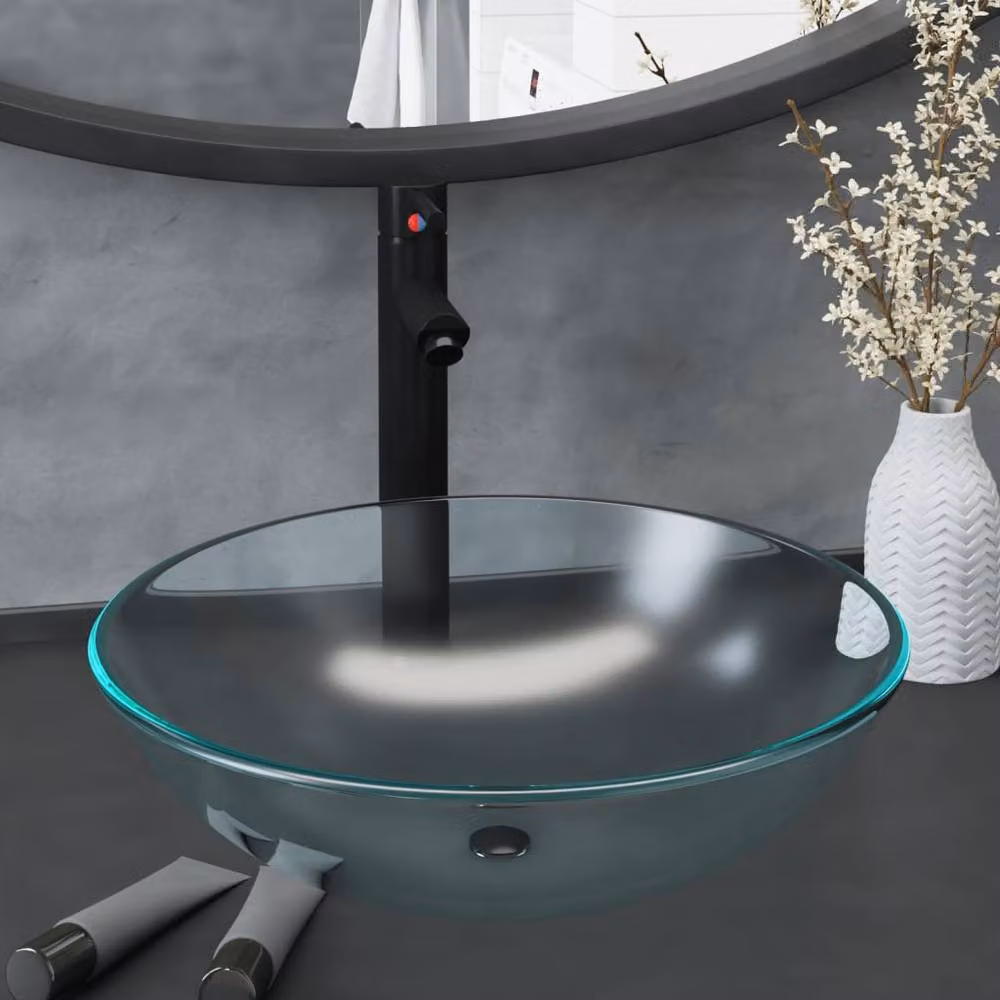 Berkfield Home Round Countertop Bathroom Sink with Tap and Push Drain in Transparent Frosted Tempered Glass, W/D/H: 42 x 42 x 13 cm – 2