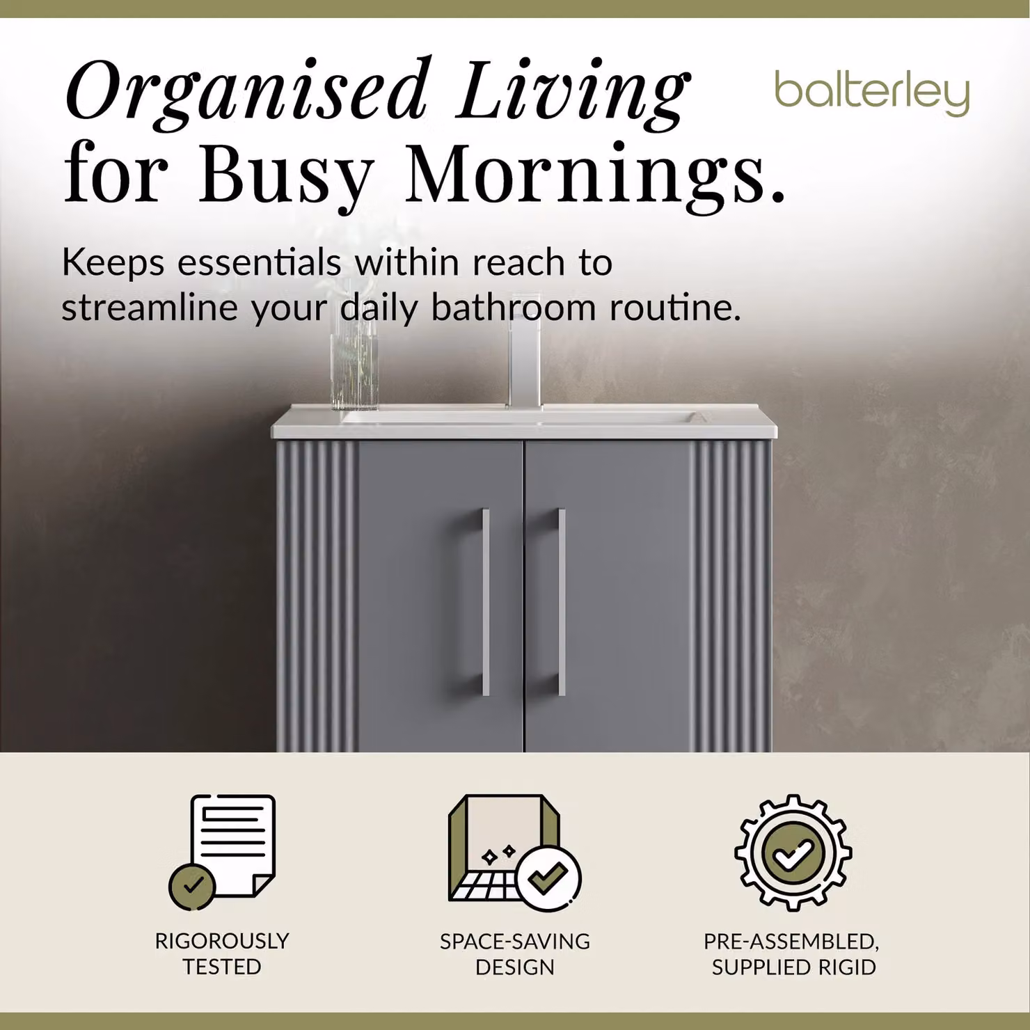 Balterley Grey Floor Standing Bathroom Vanity Unit with Rectangular Basin and Soft Close 2 Doors – 2