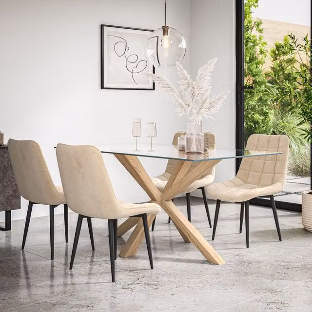 More4Homes Etta Glass Dining Table with Solid Oak Legs and 6 Nova Beige Velvet Dining Chairs