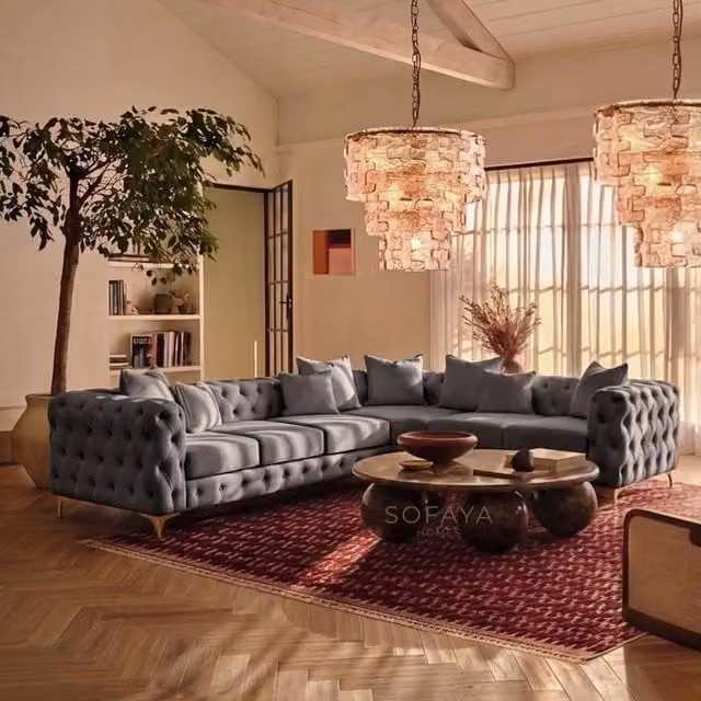 Sofaya Monaco Chesterfield 6 Seater Velvet Right Hand Corner Chaise Sofa in Grey