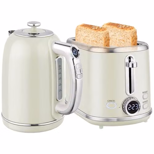 HOMCOM Grey Digital Kettle 1.7L and 2 Slice Toaster Set with LED Screen – 1