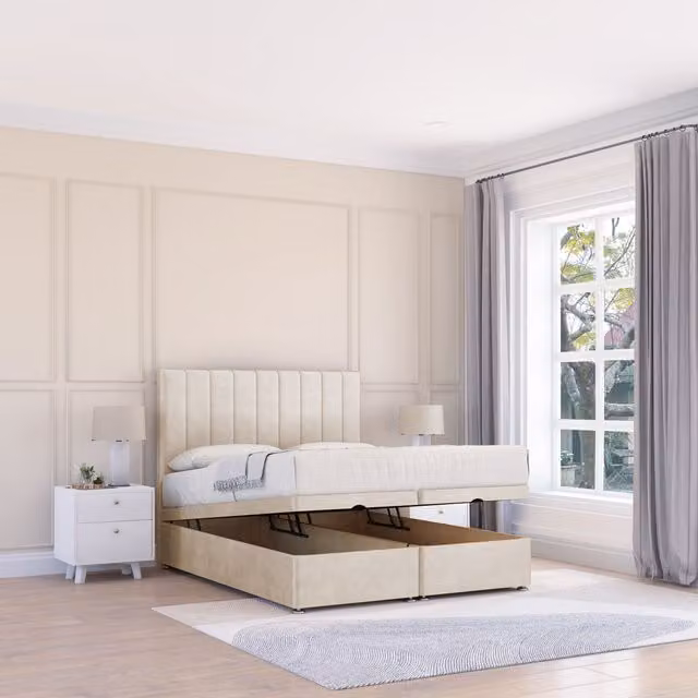 Sloomy Kansas Single Ottoman Bed with Sprung Memory Mattress and 26 Inch Headboard in Beige Plush Fabric