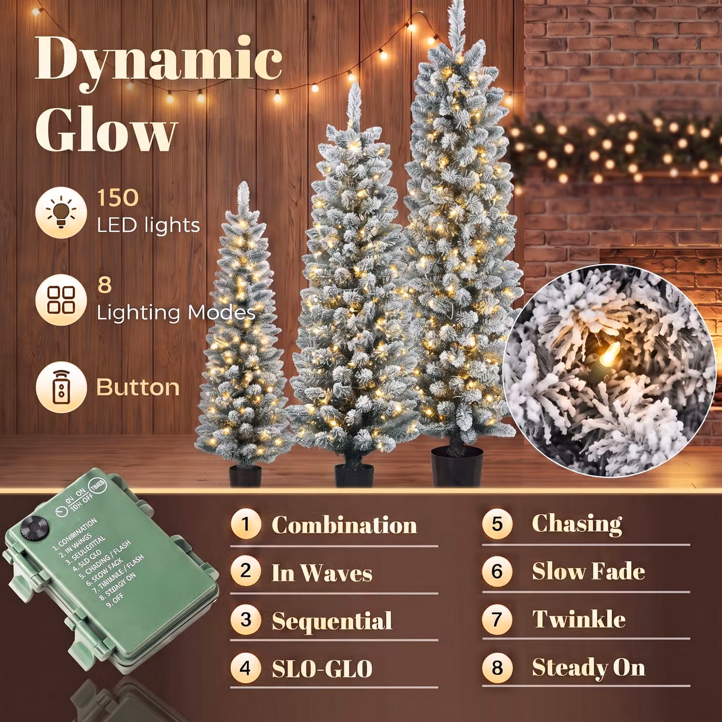 HOMCOM Set of 3 Slim Snowy Flocked Artificial Christmas Trees with Warm White LED Lights, White, H 152 cm, H 122 cm, H 91 cm – 4