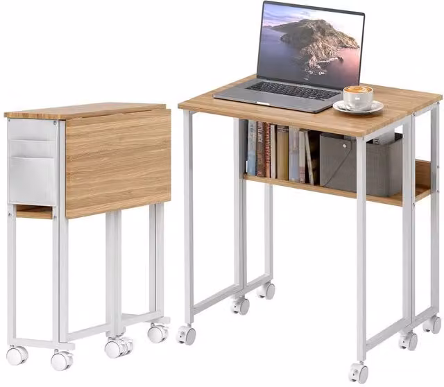 NESTLUNE Brown Foldable Computer Desk with Castors and Drop Leaf Design – 1