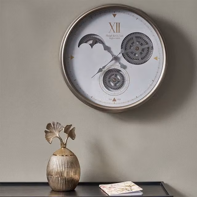 Pacific Lifestyle Industrial Retro Metal Working Cogs Round Analog Wall Clock in White and Silver