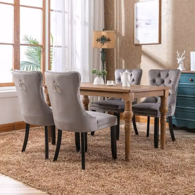 HomeTouch Taylor Set of 6 Grey Velvet Upholstered Kitchen Dining Chairs with Pull Knocker Back and Oak Wood Legs – 1