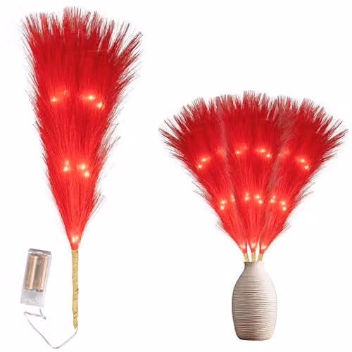 SHATCHI Red Prelit Pampas Grass Stem with Warm White LEDs, 45 cm Height – 1