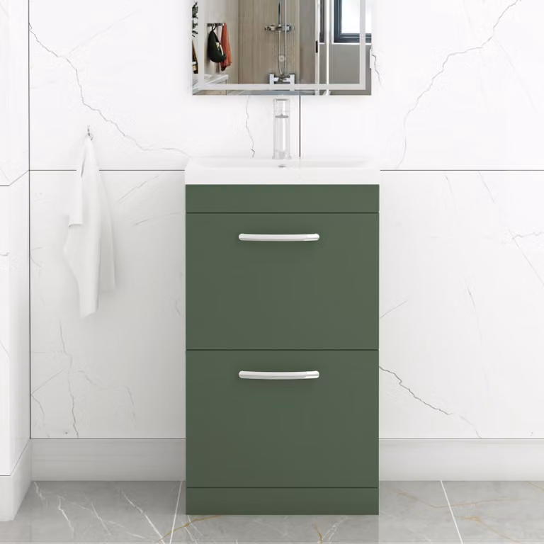 Royal Bathrooms Turin 500mm Matt Green Floor Standing 2 Drawer Mid-Edge Basin Vanity Unit