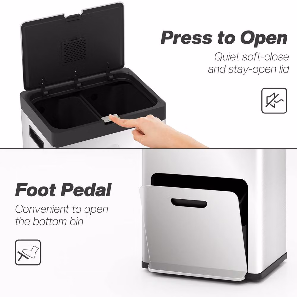 STILVORA 56L Triple Compartment Stainless Steel Kitchen Bin with Wheels and Pedal in Silver – 6