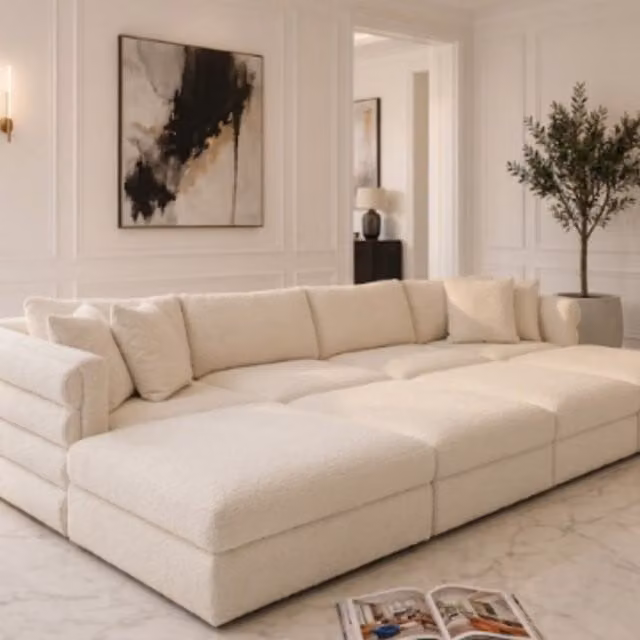HOB Furniture Dior Panelled U-Shape Cinema Sofa in Cream Bouclé with Matching Ottoman and Scatter Cushions