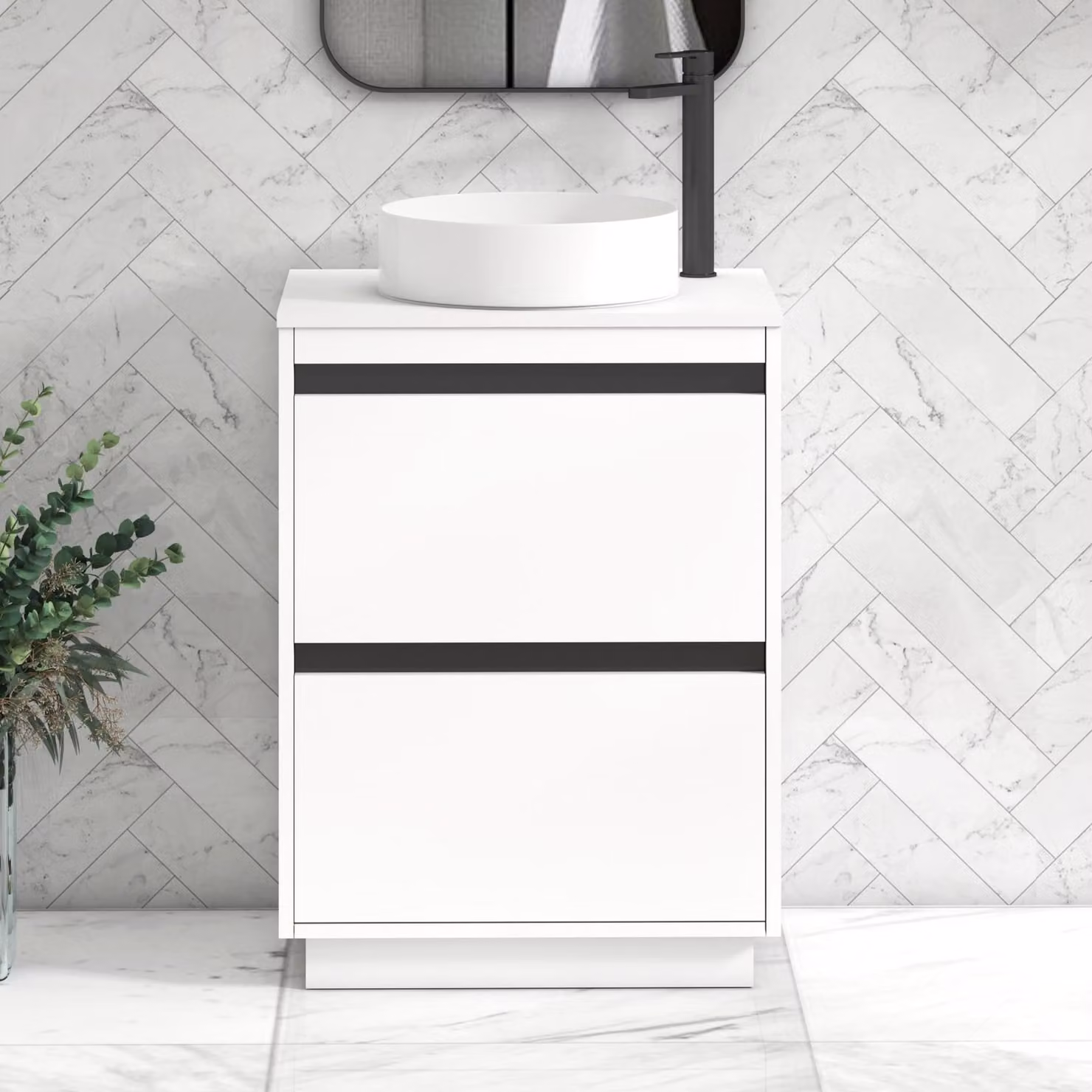 Royal Bathrooms Orion 600mm Matt White Floor Standing 2 Drawer Vanity Unit with Art Basin and Black Accent Trim