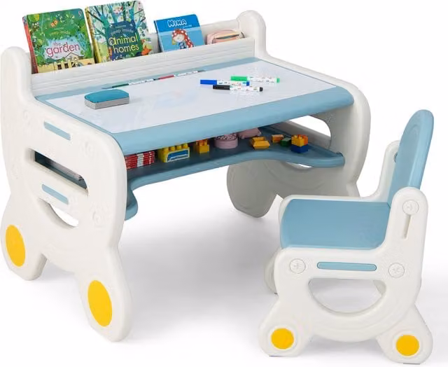 Costway Blue Plastic Kids Drawing Table and Chair Set