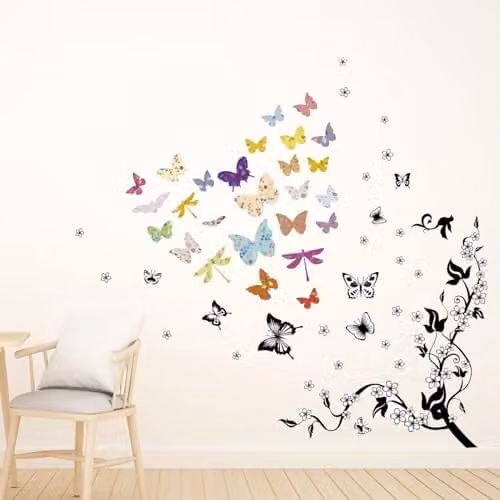 WALPLUS Multicolour Floral Butterfly and Scandinavian Mountain Landscape Adhesive Wall Stickers for Childrens Rooms