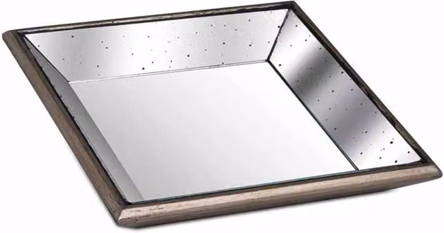 Lemon Pavilion Furniture and Decor Astor Distressed Mirrored Tray with Wooden Detailing in Brown and Gold, W: 32 cm, D: 32 cm, H: 5 cm