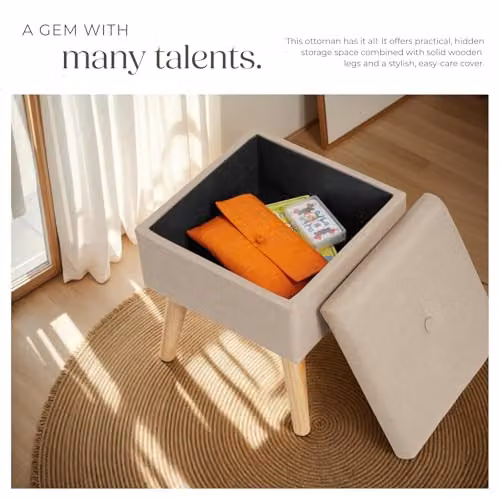 tectake Elva Storage Stool with Padded Removable Top in Sand, W/D/H: 36.5 x 32.5 x 32.5 cm – 4