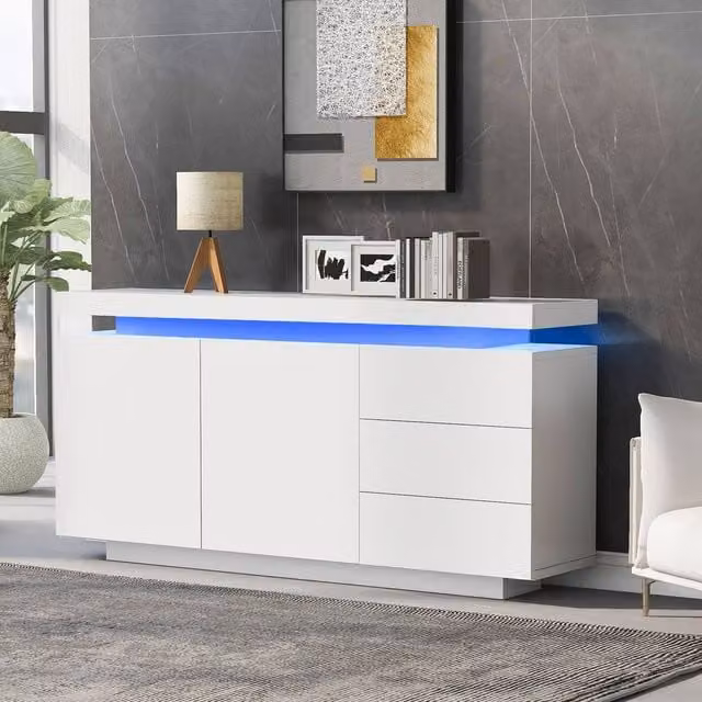 Matteo White High Gloss Modern Sideboard with Integrated LED Lights, 2 Doors and 3 Drawers