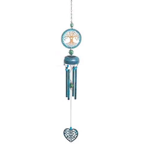 mysmartbuy Blue & Gold Tree of Life Windchime - Metal & Glass Hanging Garden Decoration - H73 x W9 x D10 cm
