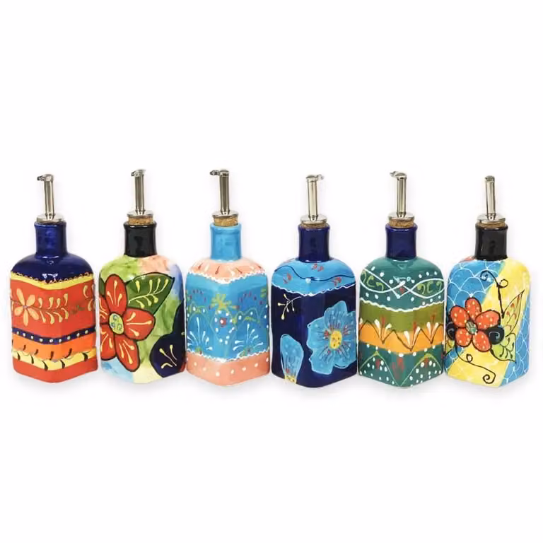 Verano Spanish Ceramics Hand Painted Squared Oil Drizzler with Cork Stopper, Orange and Green, 300ml