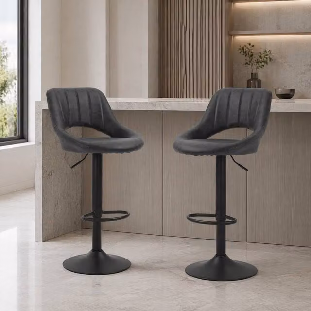 STILVORA Set of 2 Modern Grey Synthetic Leather Bar Stools with 360 Degree Swivel and Adjustable Height – 1