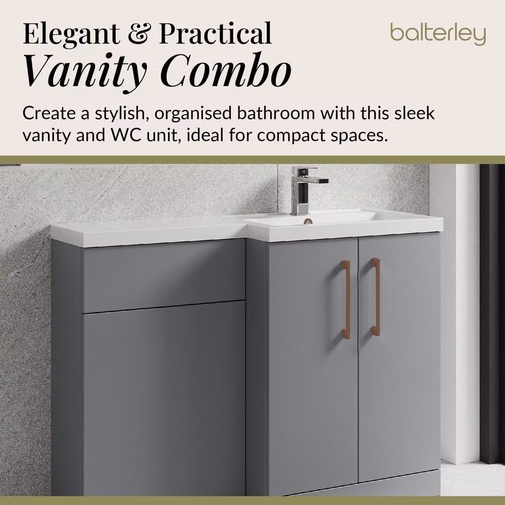 Balterley Modern Satin Grey Right-Hand Vanity and WC Unit Combination with Soft-Close Hinged Doors, W: 110 cm, H: 84 cm – 3