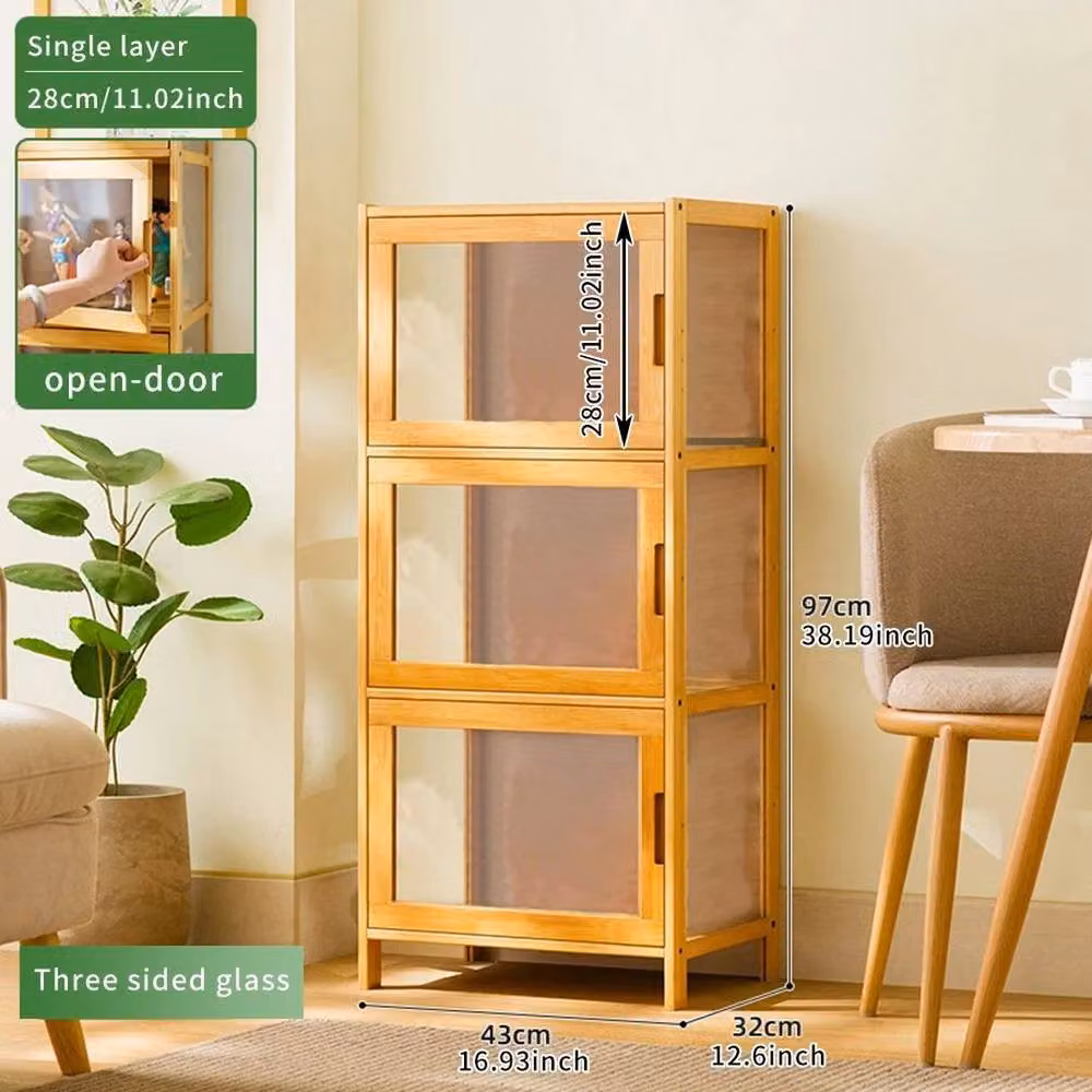 EONLION 3-Tier Brown Bamboo Display Cabinet with Glass Doors – 2