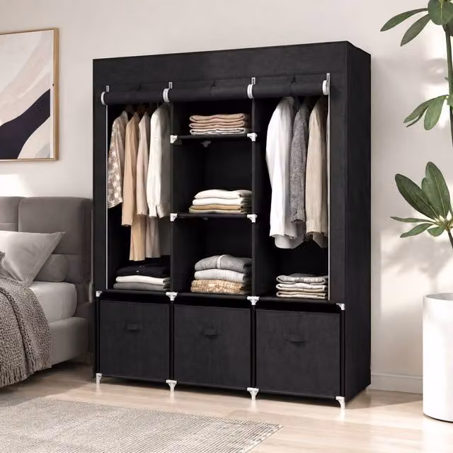 STILVORA Modern Black Roll Shutter Wardrobe with Internal Shelves, Hanging Rod and Drawers, W/D/H: 125 x 43 x 162.5 cm – 1