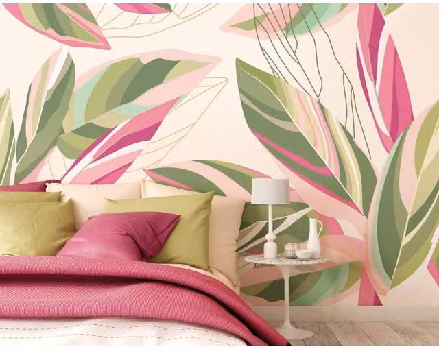 Origin Murals Botanical Calathea Leaves Wall Mural in Pink, W: 300 cm, H: 240 cm – 1