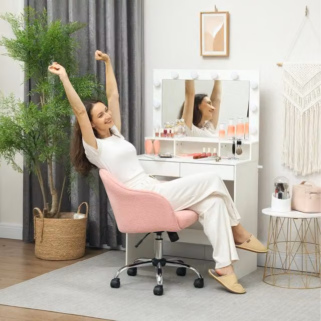 HOMCOM Pink Fabric Task Chair with Armrests and Castors for Home Office