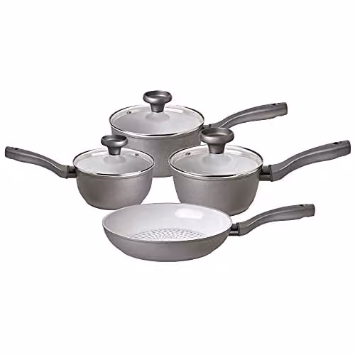 Meyer Prestige Earth Grey Ceramic Non-Stick Cookware Set of 4, including Saucepan and Frying Pan, Induction Ready, Made in Italy – 1