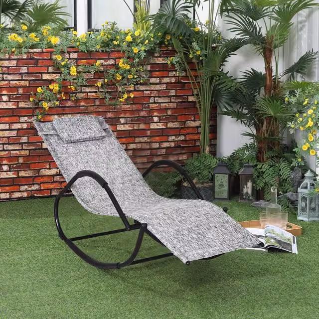 OUTSUNNY Grey Zero Gravity Patio Rocking Lounge Chair with Adjustable Headrest and Armrests
