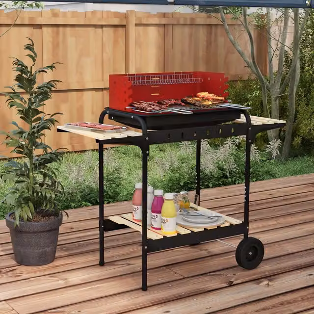OUTSUNNY Charcoal Barbecue BBQ Grill Trolley with 5-level Grill Height and Ash Catcher in Red