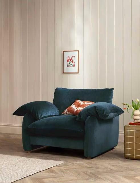 Barker and Stonehouse Orson Petrol Blue Chenille Snuggle Chair with Feather Filling and Armrests