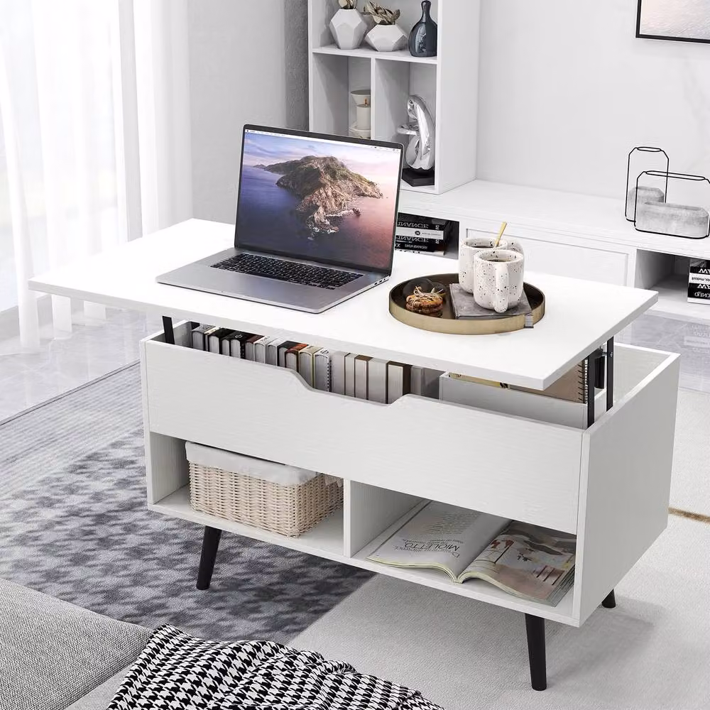 Costway Mid Century Modern Lift Top Coffee Table with Shelves in White – 4
