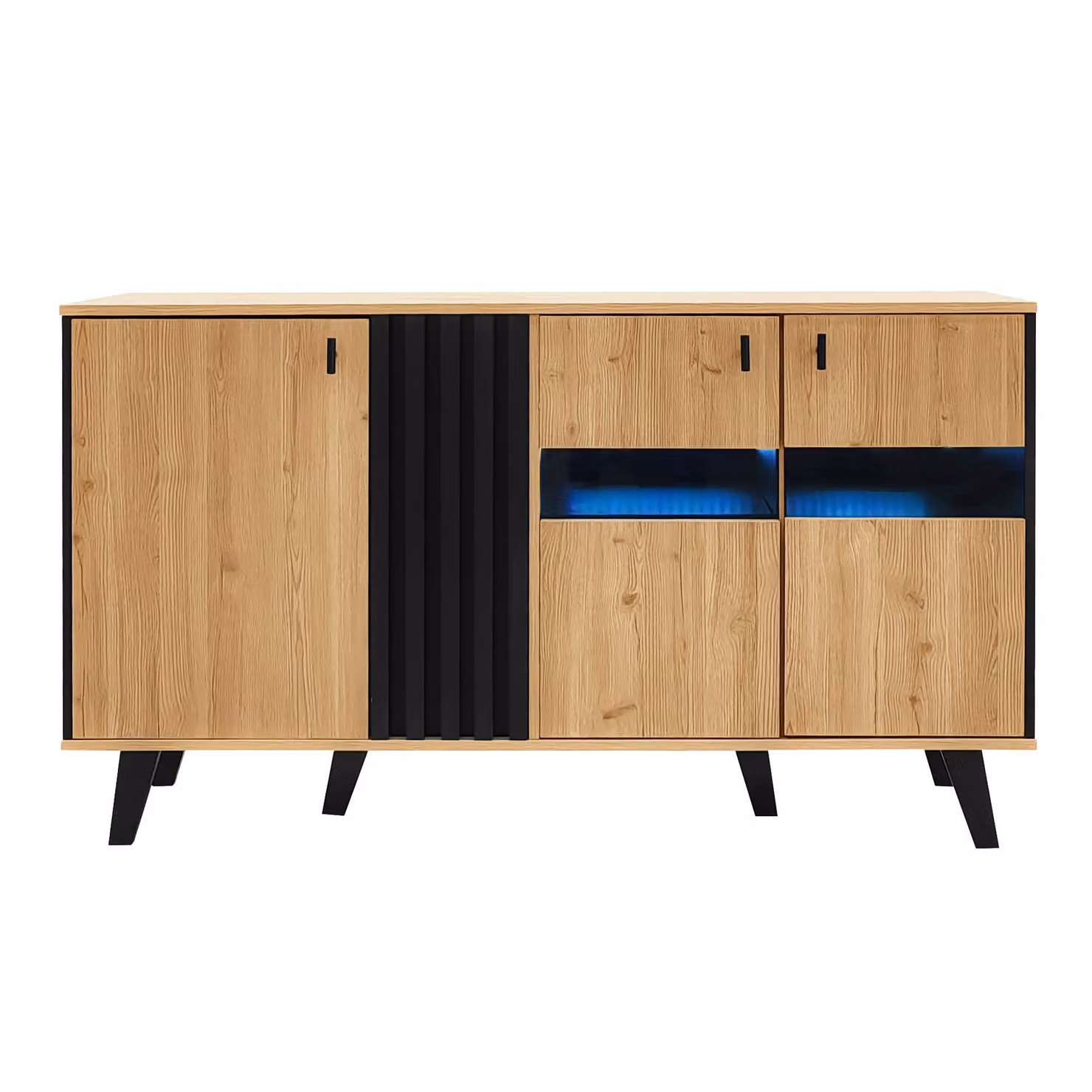 Aosom UK Modern Sideboard Storage Cabinet with Glass-Front Door and Integrated Lighting, Black and Brown, W: 140 cm, D: 41 cm, H: 78.5 cm – 2