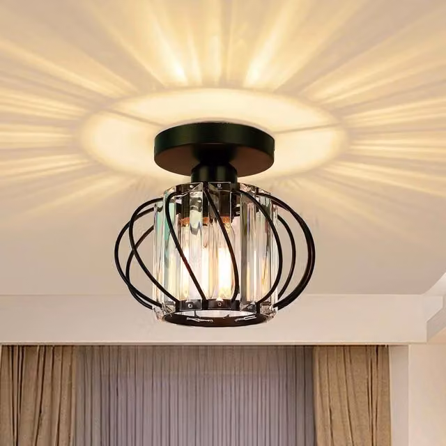 COMELY Industrial Mini Semi Flush Mount Crystal Ceiling Light in Black