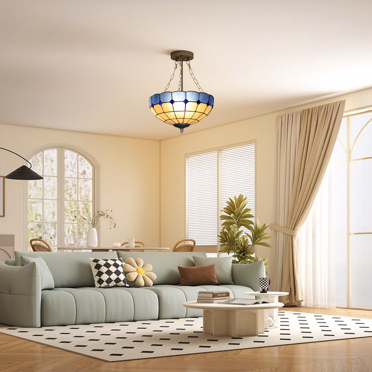 HOMCOM Tiffany Style Vintage Ceiling Light, Multicolour Glass and Copper Chandelier with 3 E27 Sockets – 2