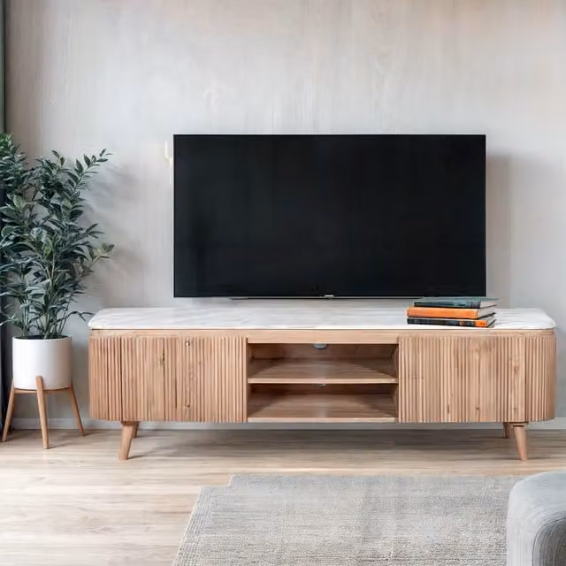 IH Design Bundi Large Modern TV Cabinet in Brown Mango Wood and Natural Stone