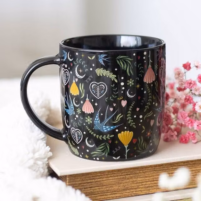 Uniqueful Black Midnight Bloom Floral Ceramic Mug, 350ml