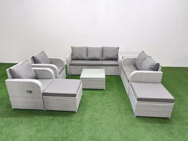 Fimous Grey PE Rattan Garden Furniture Set with 3 Seater Sofa, Armchair, Coffee Table and Ottoman