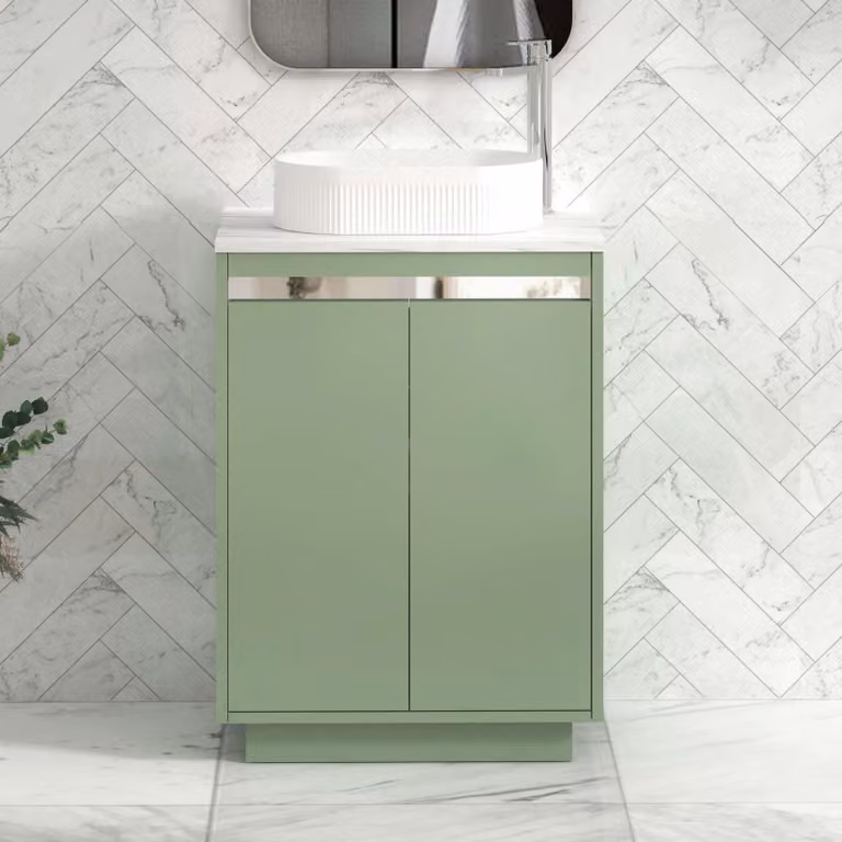 Royal Bathrooms Orion 600mm Mint Sage Floor Standing 2 Door Vanity Unit with Lyon Basin and Chrome Accent Trim