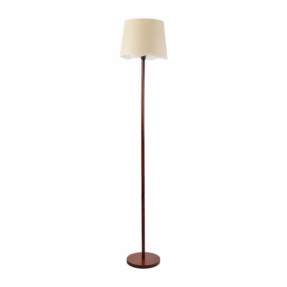 ValueLights Heather Dark Wood Single Stem Floor Lamp with White Scallop Edge Tapered Fabric Shade – 2