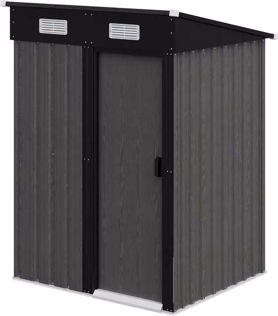 Livingandhome Grey Metal Garden Shed with Wood Effect Pent Roof and Sliding Doors